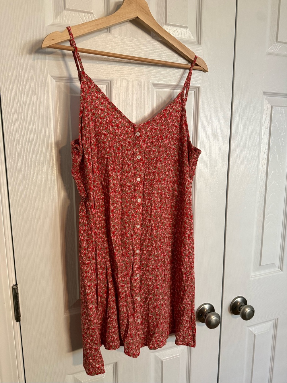 Aerie Red Floral Faux Button-Front Spaghetti Strap Mini Dress